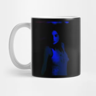 Portrait, digital collage, special processing. Disturbed woman, looking on us. Beautiful. Blue light line. Mug